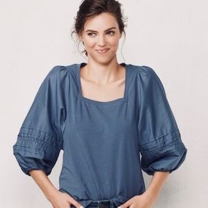 LC LAUREN CONRAD Top Lace Puff Sleeve Square Neck Denim Blue Small